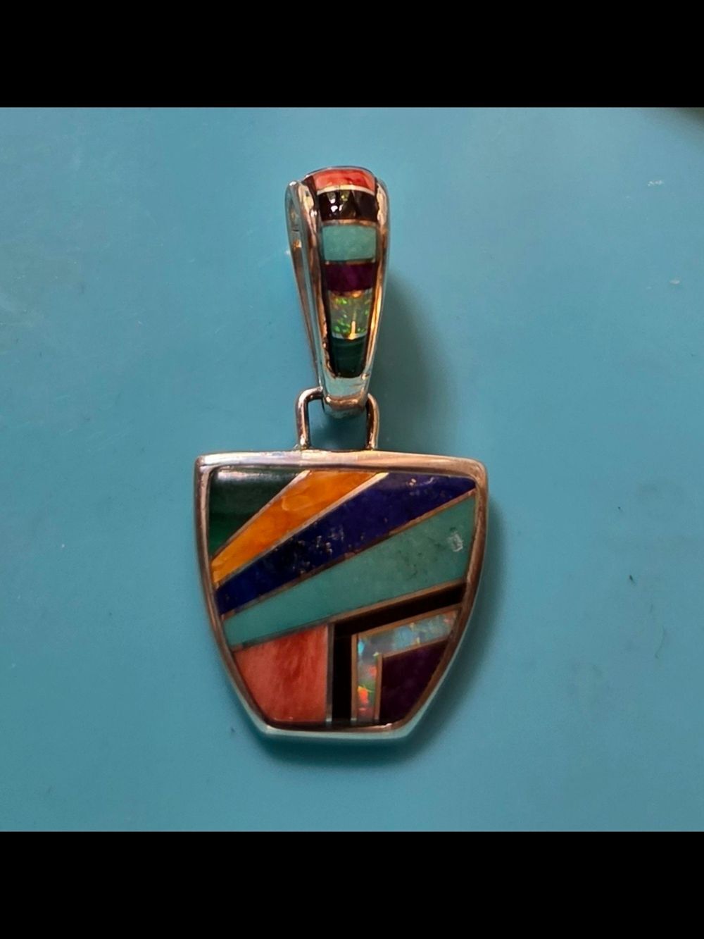 AS Sterling Silver Geometric Multicolor Inlay Shield Pendant